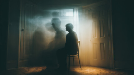 Obraz premium Mysterious silhouette of a figure sitting on a chair in a dimly lit room surrounded by ethereal fog creating an atmosphere of intrigue and contemplation.