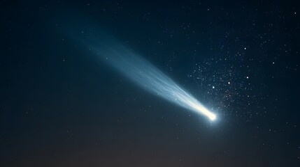 Bright comet with glowing tail streaks across a dark starry night sky space stars