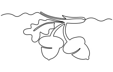 Acorn in one line black color on white background. Acorn design in line art style. Acorn icon design, One line art acorn. Single line art. Nature illustration for design, Acorn. Vector illustration.