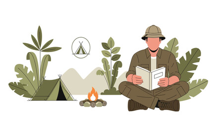 Adventurer Reading A Book Beside a Campsite, Enjoying The Peaceful Nature Setting