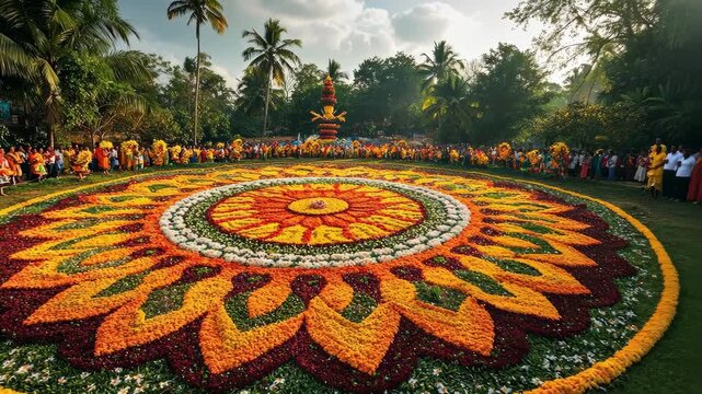 Onam celebration with a large flower arrangement and people in Kerala, India.