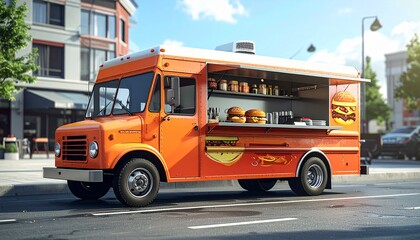 Orange food truck parked on city street serves delicious burgers and fries to hungry customers in a vibrant and bustling urban scene.