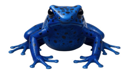 Blue poison dart frog with vivid cobalt skin and distinctive black spots