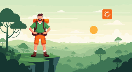 Fototapeta premium Adventurer Standing On Cliff, Enjoying Scenic View, Hiking In Wilderness Outdoors