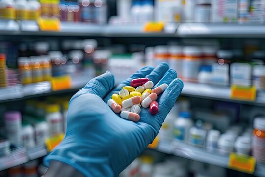 A gloved hand holds assorted pills against a blurred pharmacy backdrop showcasing various medications on shelves - Powered by Adobe