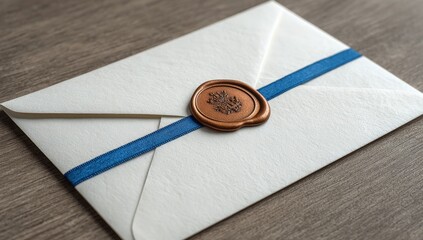 A white envelope, sealed with copper wax, tied with a blue ribbon, sits on a wooden surface