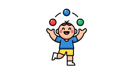 Fototapeta premium Adorable cartoon boy joyfully juggling three colorful balls. A cute and simple vector illustration of a child playing and showing off his skills