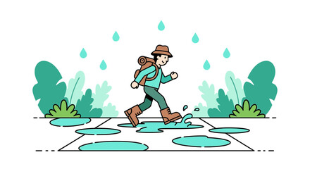 Animated Hiker Trekking Through Puddles of Rain on a Nature Trail Adventure
