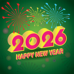 Happy New Year 2026 with color firework 3d 2026 typography gradient background with vector illustration.    