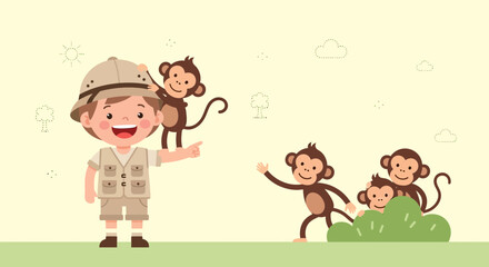 Animated Illustration Of A Young Explorer Befriending Playful Monkeys In A Forest Setting