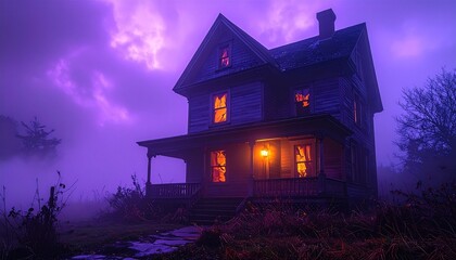 A gothic cathedral like house glowing stained glass stormy violet background with eerie shadows
