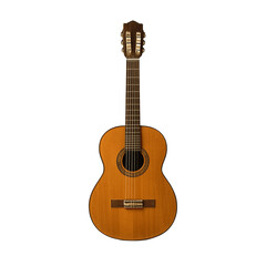 Obraz premium A wooden acoustic guitar with six strings is isolated on a white background
