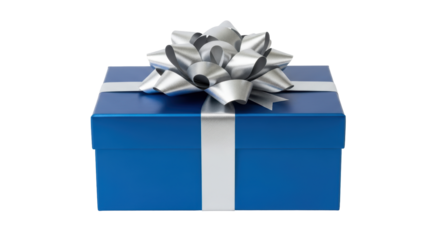 Isolated blue gift box with silver ribbon and bow for a birthday or holiday surprise