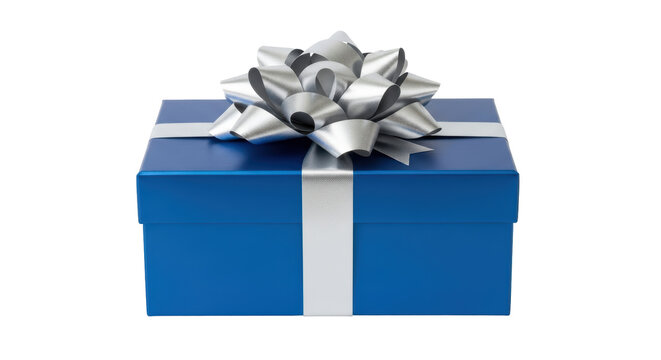 Isolated blue gift box with silver ribbon and bow for a birthday or holiday surprise