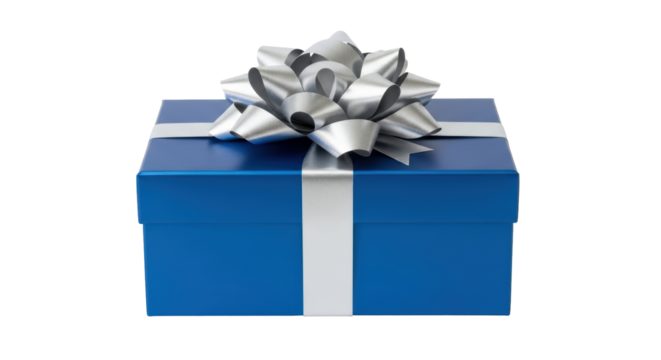 Isolated blue gift box with silver ribbon and bow for a birthday or holiday surprise