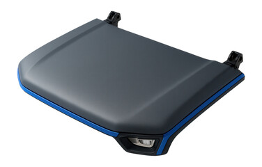 Textured matte gray hood with recessed latch area and hinge mounts