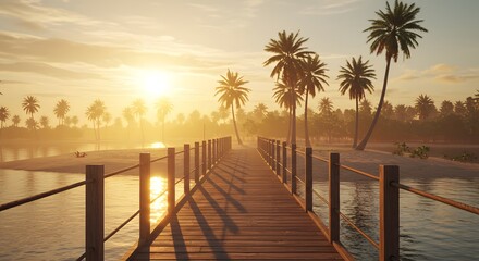 Obraz premium A wooden bridge leads to a tropical island with palm trees at sunset the sun reflecting on the water