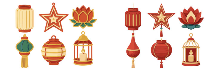 Variety of traditional Asian lanterns, decorative stars, and lotus flowers for festive cultural events and holidays