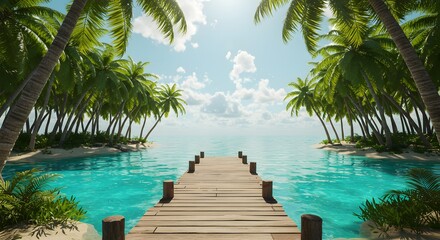 A wooden dock extends into vibrant turquoise water framed by palm trees under a sunny cloudy sky