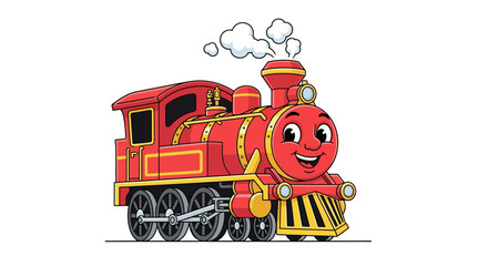 Cute red steam locomotive cartoon, a friendly engine with a smiling face and smoke billowing from its chimney, perfect for children's stories and educational content