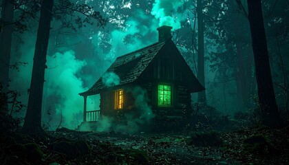 A witch cottage in the woods glowing green smoke from the chimney eerie teal background with shadows stretching  © ADNAN STOCKS
