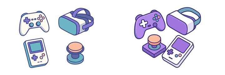 Isometric gaming gadgets featuring game controllers, virtual reality headset, handheld device, and joystick © Mark