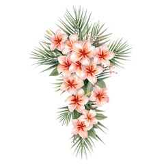 Fototapeta premium bouquet of flowers isolated, A floral cross composed of pink and white lilies (Lilium spp.) with green palm fronds and scattered small pink buds