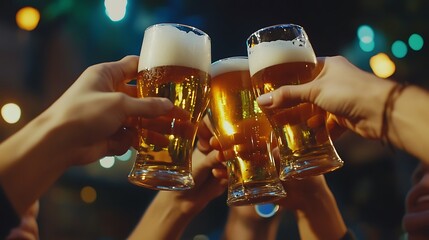 Cheers with Beer Glasses at Night with Bokeh Lights stock image photo