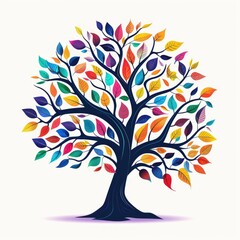Fototapeta premium A vibrant, stylized tree with a dark trunk and colorful leaves, set against a white background, casting a subtle shadow