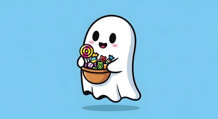 Obraz premium Playful cartoon ghost floating gracefully while holding a basket brimming with vibrant and delicious Halloween candies, perfect for festive seasonal projects