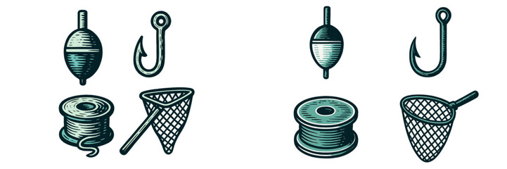 Fishing gear including floats, hooks, nets, and lines for a successful catch during summer activities