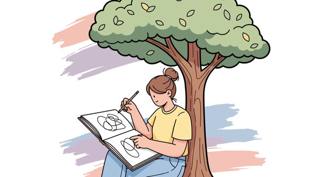 Artist Sketching Under The Tree, Nature Inspired, Creative, Relaxation, Peaceful Scene - Powered by Adobe