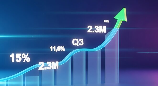 Digital infographic with a rising bar and line graph illustrating successful business performance, financial growth, and positive market trends