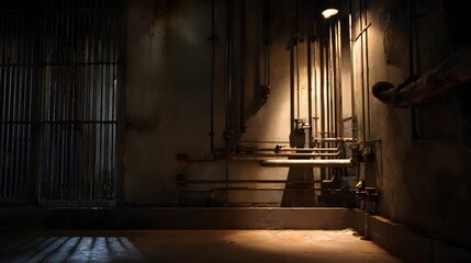 Dark Industrial Room With Metal Bars And Pipes interior