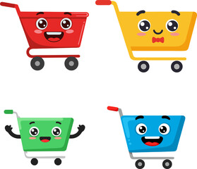 A Collection of Cheerful and Expressive Cartoon Shopping Carts with Various Emoticons on a White Background