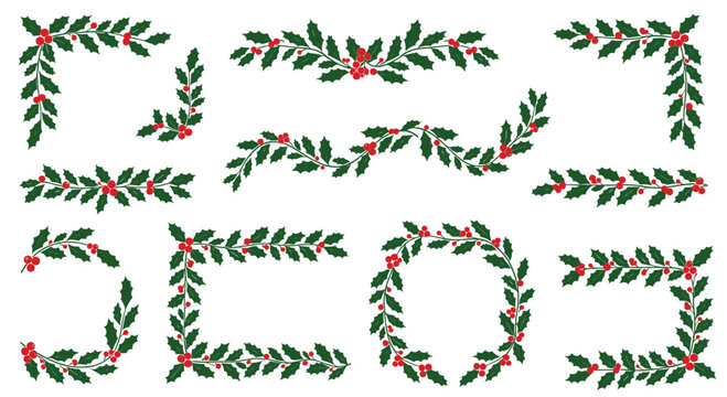 Collection of festive holly and berry decorative elements for holidays.