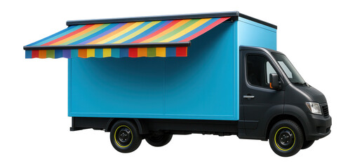 Mobile library truck with colorful box body and retractable awning for outdoor reading