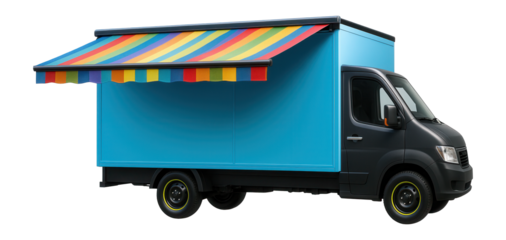 Mobile library truck with colorful box body and retractable awning for outdoor reading