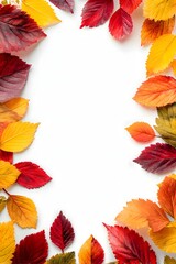 Fototapeta premium minimal autumn leaves border frame on white background, clean empty center, photorealistic