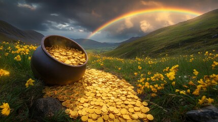 Gold Coins Overflowing From Pot Beside Rainbow