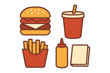 Fast food meal featuring a burger, fries, drink, and condiments on a simple background