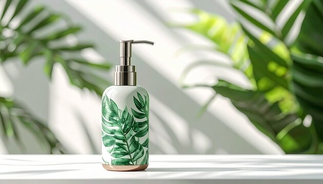 A white pump bottle with green leaf designs sits on a glossy surface—framed by sunlit Monstera leaves, evoking botanical clarity, eco-luxury, and the serene ritual of natural self-care.