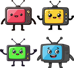 A charming collection of colorful retro television cartoon characters with cute, happy expressions, designed as adorable mascots
