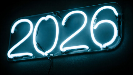 Blue Neon 2026 Sign on Dark Wall for Futuristic New Year Celebration