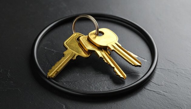 Three gold keys on a silver ring rest on a dark textured surface—each with distinct cuts, evoking quiet authority, symbolic access, and the tactile rhythm of everyday control and security.