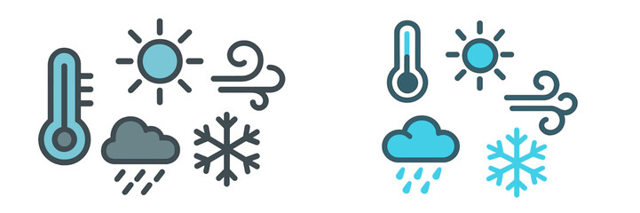Diverse collection of weather forecast symbols and climate condition icons for digital and print applications