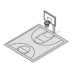 Isometric illustration of a basketball court with a hoop, backboard, and detailed court markings.