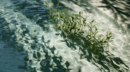 Green plant growing in clear pool water with sunlight reflections and shadows clean