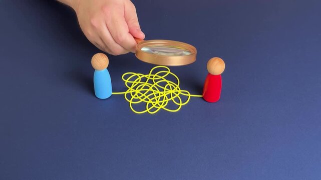 Complex relationships between people. Сonflicts, doubts, and therapy solutions. Suitable for family counseling, psychology, personal relationship improvement. Man and magnifying glass with figurines