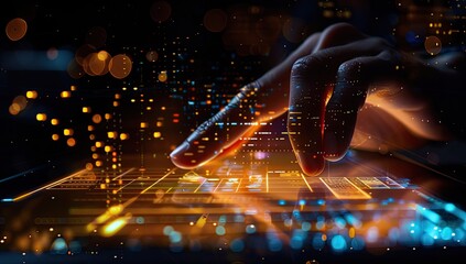 A hand hovers over a glowing digital interface, interacting with a city-like data visualization.  The scene is dark, with blurred bokeh lights